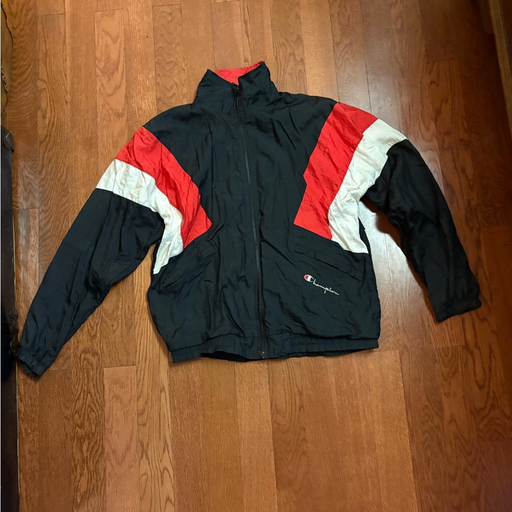 Champion Red and Black Athletic Vintage Windbreaker Jacket. Size medium